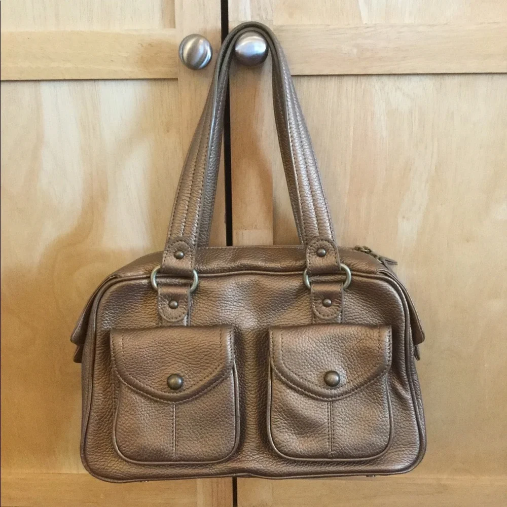 Casual Corner Gold Metallic Leather Women’s Satchel Tote Purse Bag - Picture 6 of 7